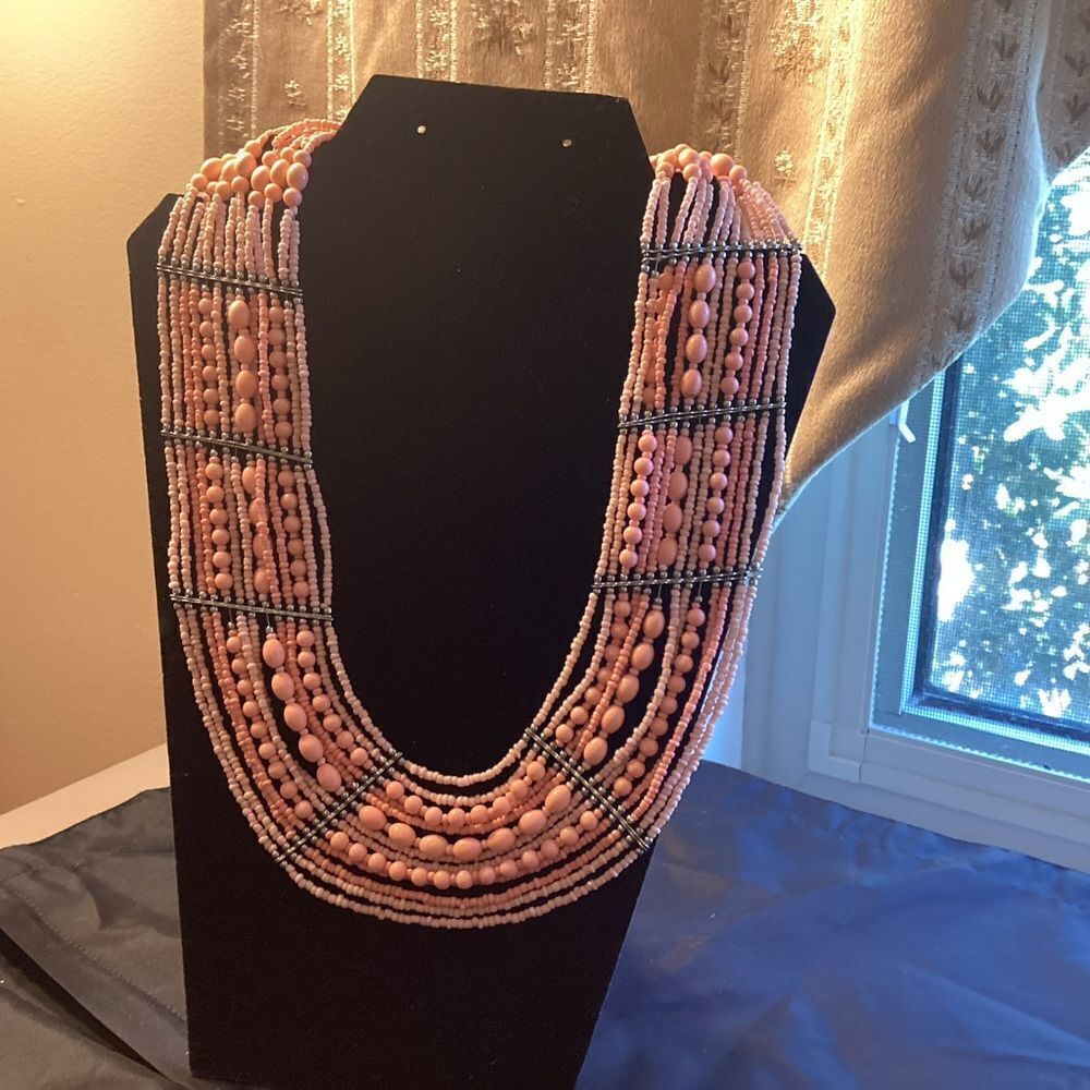 Elegant Peach and Silvertone  Beaded Necklace